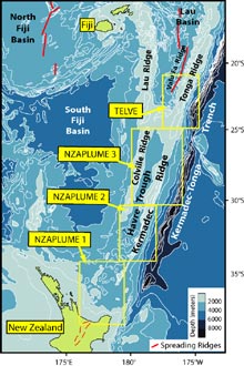 Location map for the Kermadec-Tonga Arc, showing the study areas covered by four cruises since 1999.