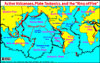 Active volcanoes (red dots) define the Pacific Ring of Fire where they form along tectonic plate boundaries.