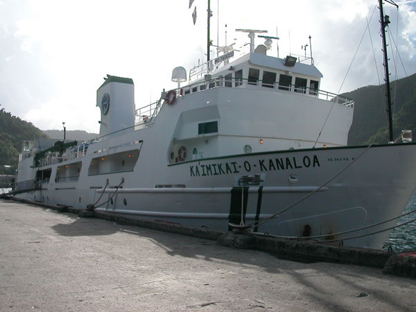 The research vessel Ka'imikai-o-Kanaloa (KOK) at the pier in Pago Pago, American Samoa.