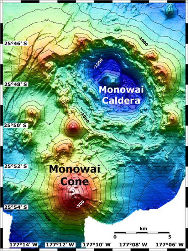 Map view of Monowai submarine volcano, featuring the cone in the south-southwest and the caldera to the northeast.