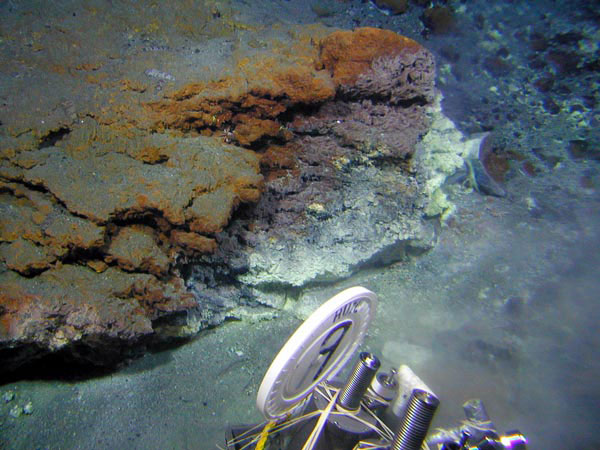 Highly altered volcanic sediment above a hydrothermal vent at the bottom of the crater at Macauley cone.