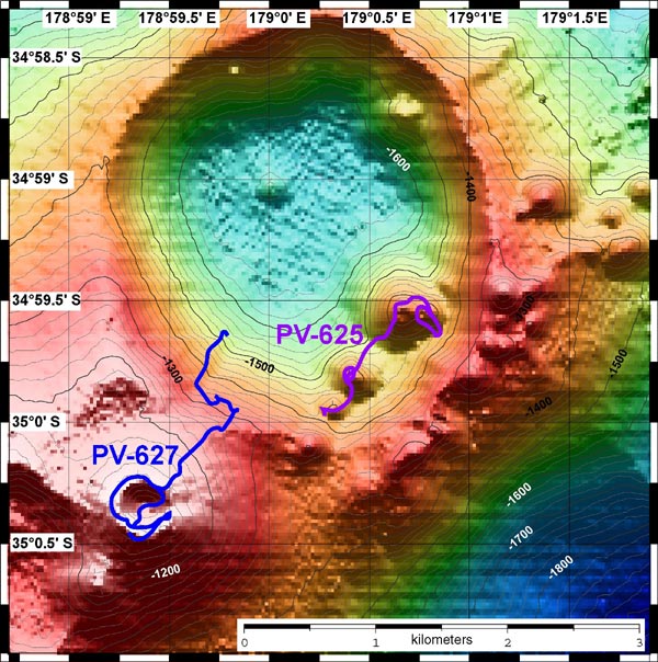 Healy submarine volcano with Pisces V dive tracks overlaid on the bathymetry.