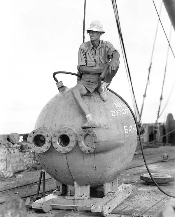 William Beebe sitting on the Bathysphere