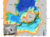 The distribution of hydrothermal vents within the Santorini caldera is shown with red dots.