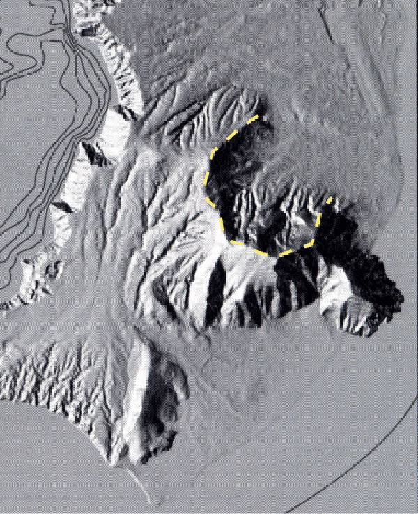 The prominent horse-shoe shaped scar (dashed yellow line) in the Profitis Ilias