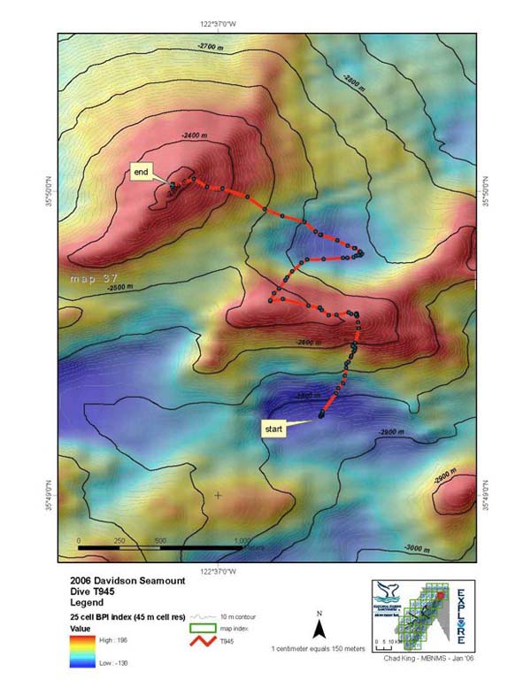 Map of two peaks on the NE end of Davidson Seamount that we explored on Day 5. GIS data show our ROV dive track (in red) beginning in a valley to the south, traversing over one peak and ending on the crest 