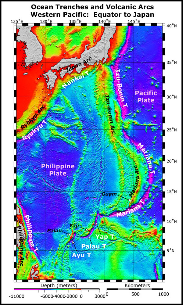 Satellite altimetry data of the western Pacific from the equator to Japan.