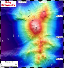 Map of the summit of Ruby volcano, the area of dive J2-194.