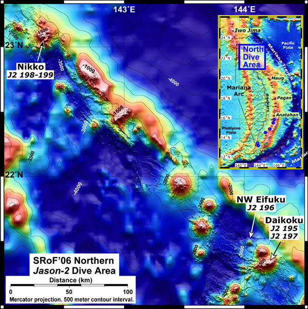 The northern Mariana Arc submarine volcanoes visited on the SRoF'06 expedition.
