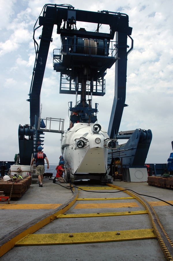 By 8 a.m. on the morning of every dive, ALVIN is rolled out of its hangar and back to ship fantail along a special curved railroad track.