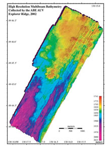 SM 2000 multibeam bathymetry, overlaid on Imagenex pencil beam sonar collected by the ABE autonomous underwater vehicle.