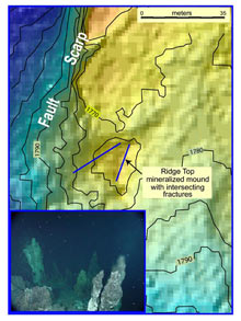 Map shows high resolution bathymetry collected from ABE in 2002 on Explorer Ridge, NE Pacific.