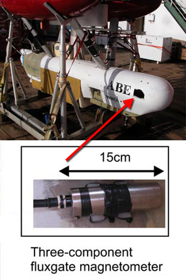 ABE AUV in its docking cradle.  Red arrow indicates the location of the fluxgate magnetometer.