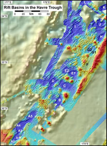 Map showing the location of several of the small rift basins in the Havre Trough that have been sampled by our CTDO system during the cruise.