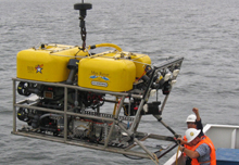 The ROV is hoisted back onto the deck