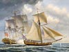 John Mecray painting, depicts the British frigate Cerberus engaged in a skirmish with the American sloop Providence.