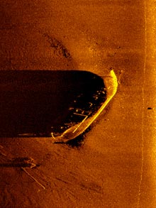 Basic sidescan sonar produced this image of the Prudence Island shipwreck.