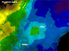 This chart shows the bottom bathymetry  data collected by iPUMA of the area around the wrecks off Prudence Island.