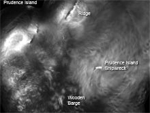 This image generated by an iPUMA forward looking sonar shows the two wrecks off Prudence islands and features on the surrounding seafloor.