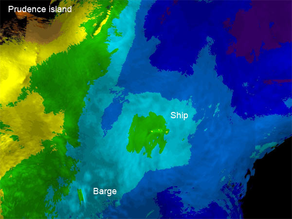 This chart shows the bottom bathymetry data collected by iPUMA of the area around the wrecks off Prudence Island.