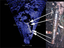 The Transphibian AUV used forward looking sonar to image portions of the Cerberus site.