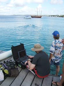 Richard at the controls of the Gavia AUV about to hit the go button and initiate a mission to map the coral reef.
