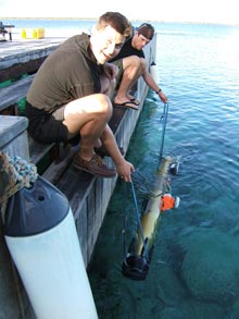 Art and Alex conducting trim and buoyancy testing with the UBC Gavia vehicle dockside prior to mission operations.
