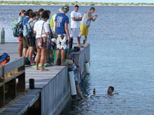 Student Explorers from the University of Delaware gather dockside for an impromptu lecture by Art introducing the many features and capabilities of the Gavia AUV.