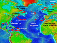 Figure 2. General areas (denoted by red lines) where deepwater corals occur in the North Atlantic, Caribbean, and the Gulf of Mexico.