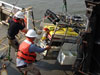 Recovering the ROV after its trial run.