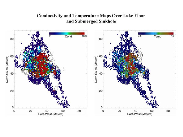 CTD mapping by ROV just over the Isolated sinkhole in September 2003 showing enhanced conductivity and temperature at sites of venting.