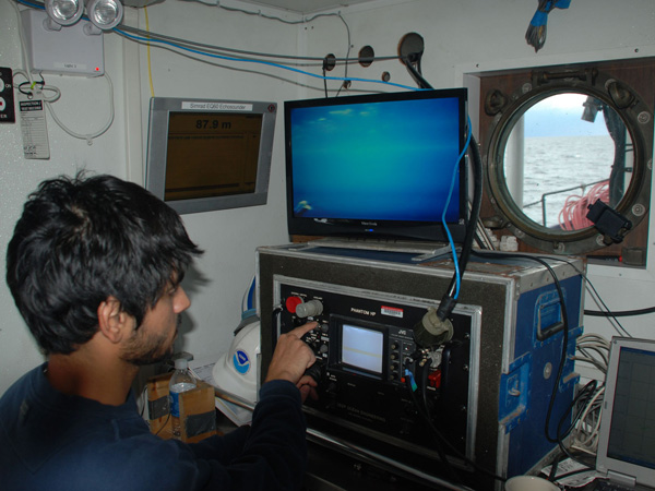 Devin Bonnie controls the Phantom S2 ROV from the R/V Laurentian