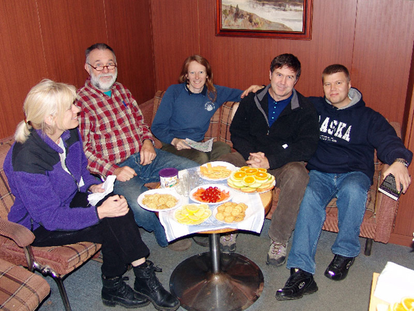 RUSALCA managers and chief scientists onboard the R/V Lavrentiev, 2008. From left to right, Kathy Crane, Terry Whitledge, Rebecca Woodgate, Kevin Wood, and Vladamir Smolin.