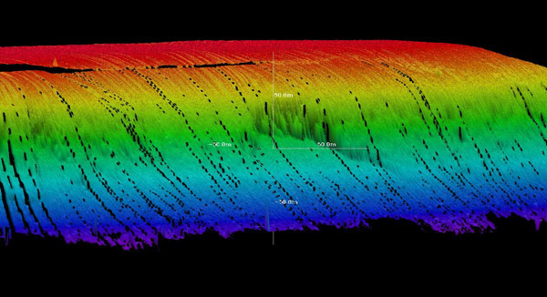 Multibeam image of a submarine landslide off the coast of Bermuda. In the color coded image, warm colors (red, orange, yellow) correspond to shallower water depths, while cooler colors (green, blue. purple) indicate deeper depths.