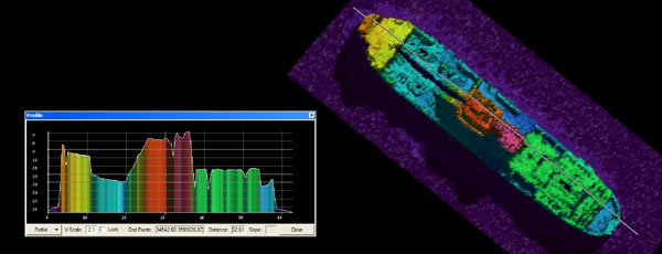 Multibeam image of the dredger King George that sunk in 1930 near North Rock, Bermuda. The ship sits upright on a sand bottom in 60 ft. of water. 