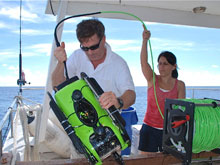 Dr. Rikk Kvitek and graduate student Krystle Gomez prepare the ROV for deployment in the waters off the Bermuda Platform.