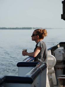 Dr. Alison Sweeney contemplates the expedition during the first day transit to the Bahamas. Dr. Alison Sweeney contemplates the expedition during the first day transit to the Bahamas.