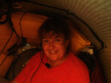 Educator-at-Sea Angela Lewis  shown in the aft compartment of the Johnson Sea-Link II submersible during her first dive experience.