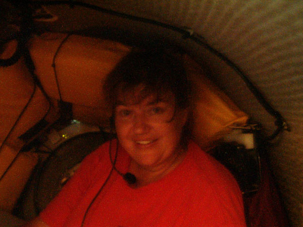 Educator-at-Sea Angela Lewis  shown in the aft compartment of the Johnson Sea-Link II submersible during her first dive experience.