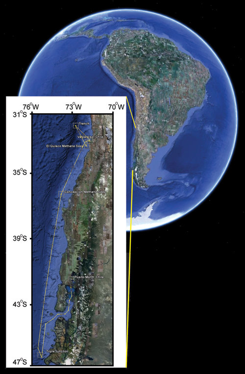Figure 1. During this 2,400 kilometer (1,500 mile) voyage, we will visit four sites along the Chile margin, starting in the town of Puerto Montt in Southern Chile and ending in Valparaiso. This map is modified from Google Earth.