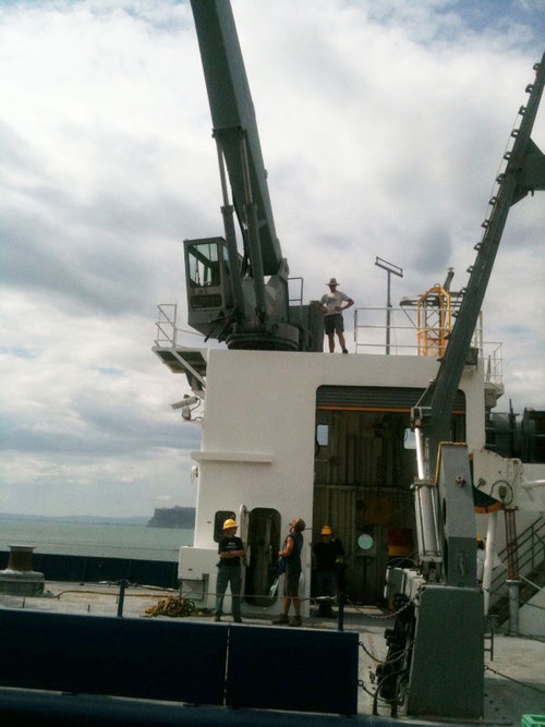 The deck of the research vessel (R/V) Melville was empty for only a few minutes before it was loaded up for the next cruise, with every inch of the deck covered with gear.