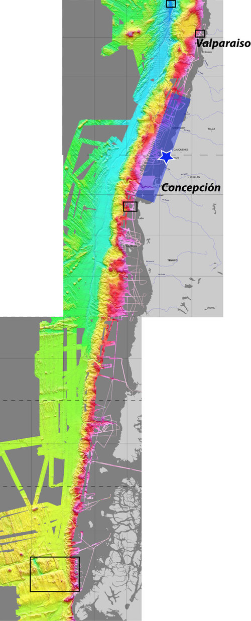 Today we are mapping and sampling offshore along the Chile margin, a few hundred miles south of where the recent earthquake occurred.