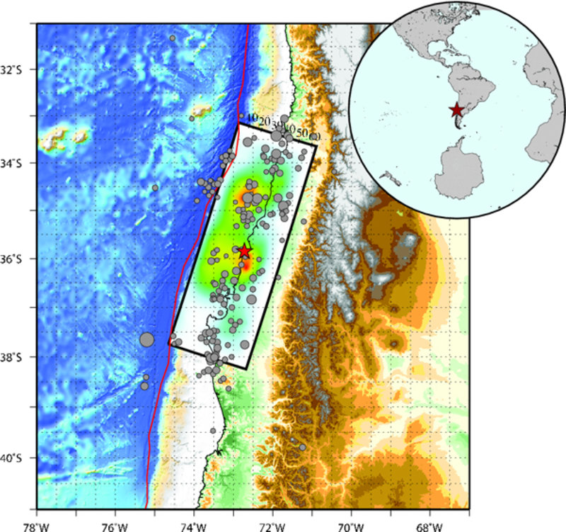 Figure 2. The U.S. Geological Survey (USGS) determination of slip along the fault plan. Maximum slip (shown in red) on some parts of the fault exceeds 12 meters (39 feet).