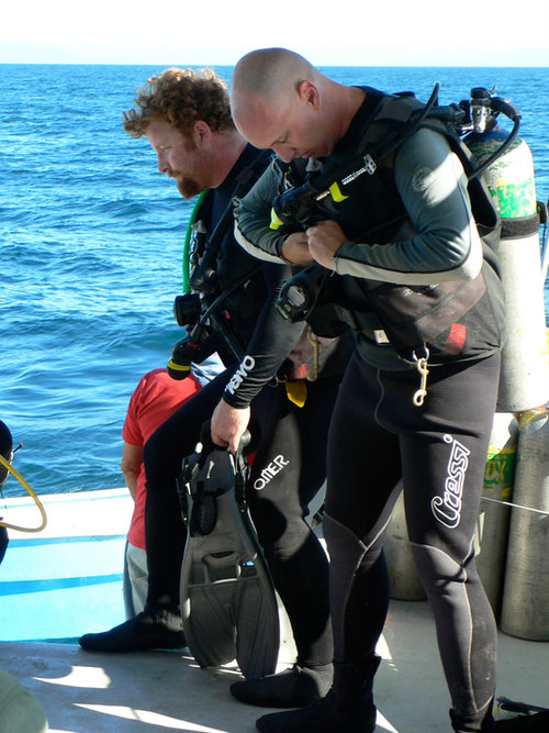 Eric Hessel and Clint Nelson prepare to conduct underwater survey and testing in the Sea of Cortez.