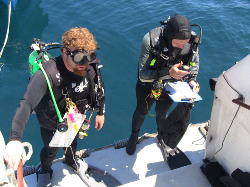 Eric Hessel and Clint Nelson take a few last minute notes and check their gauges as they prepare to conduct underwater survey in the Sea of Cortez.