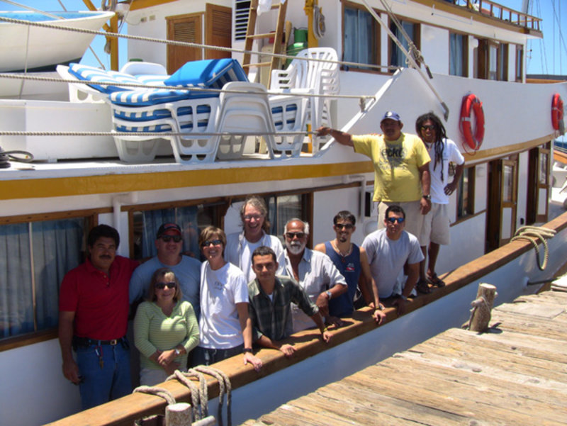 The scientific sonar crew and the boat crew pose for a picture onboard the Don Jose after two weeks at sea. From left: Hernan Parra Mendevil, Barbara Jackson, Loren Davis, Amy Gusick, Josefat Ortiz, Michael Faught, Jose Lozano, Kaya Chotard, Napoleon Leon, Felix Higuero, JJ Puebla.