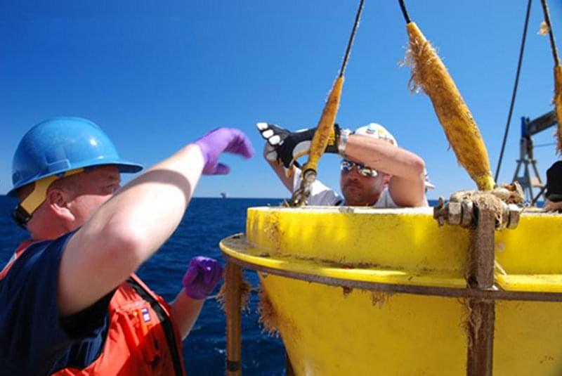 Scientist Tim Shank handles one of the 21 ‘cups’ deployed with a sediment trap to collect both organic and inorganic matter over a two week period.