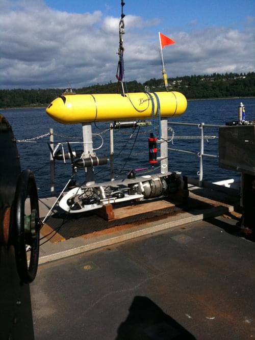 AUV Lucille on deck. With negative   buoyancy in the lower hull, and positive buoyancy in the upper hull, Lucille is able to remain stable in the unpredictable pitch and roll of the ocean while it follows the terrain of the bottom.