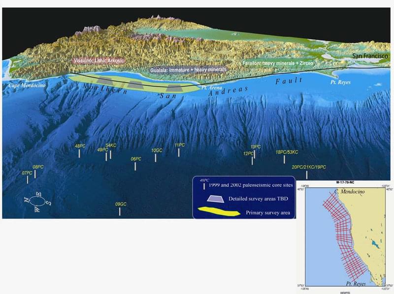 Northern San Andreas Fault proposed exploration site and approximate survey areas, including existing paleoseismic core locations.