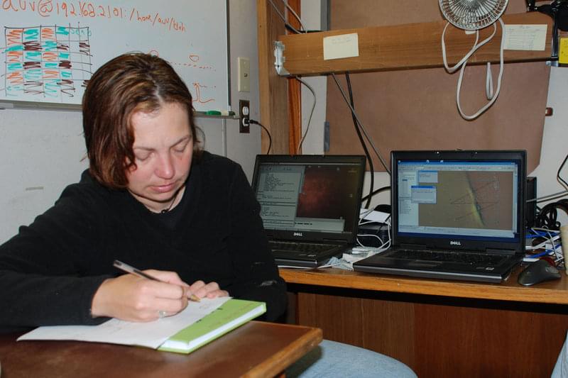 Erica Fruh prepares the mission plan for a dive with the AUV Lucille. For this mission, Lucille was programmed to run a zigzag pattern over a section of the San Andreas Fault.